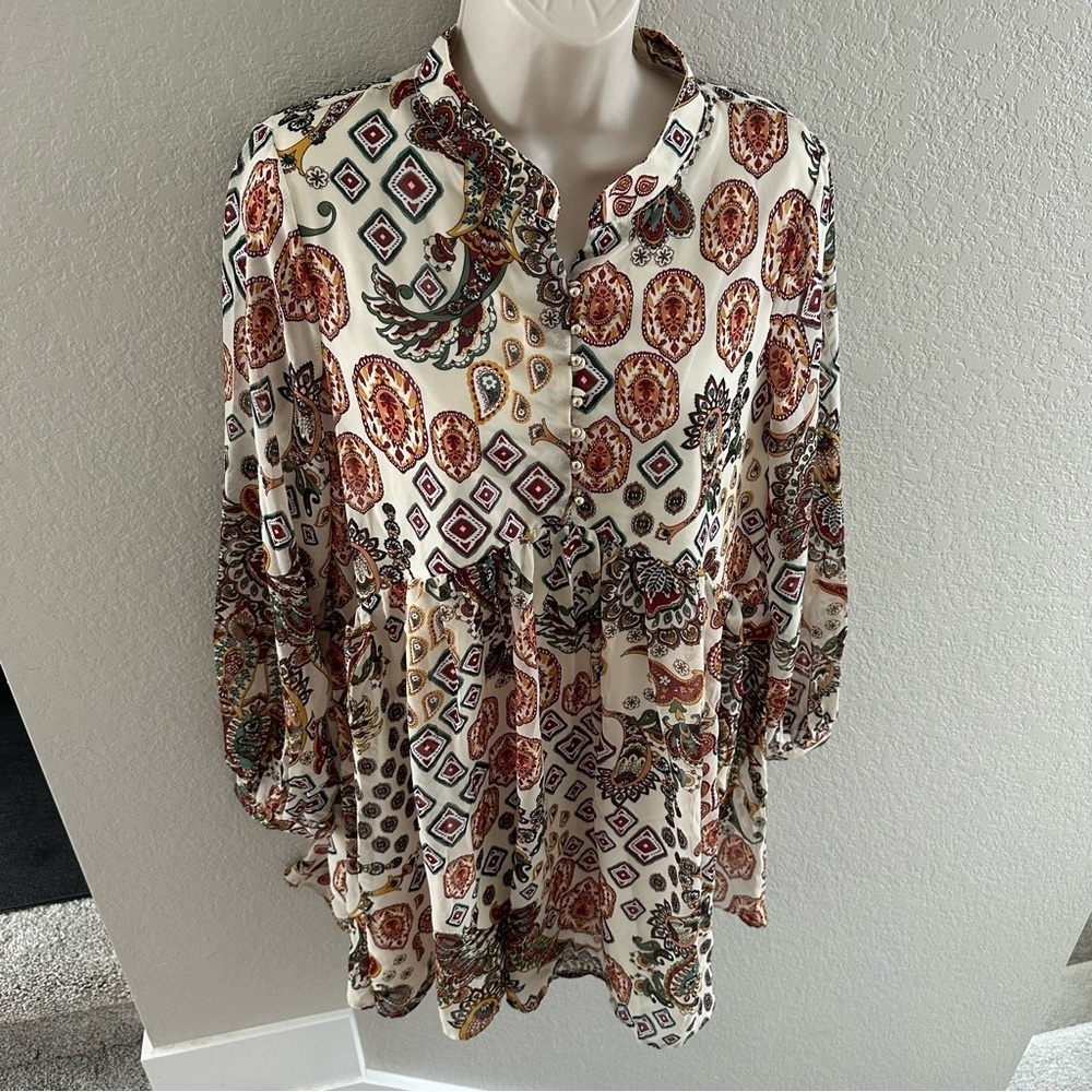 Ces Femme NWOT Small Boho Paisley Tunic Dress - Cream Multicolor